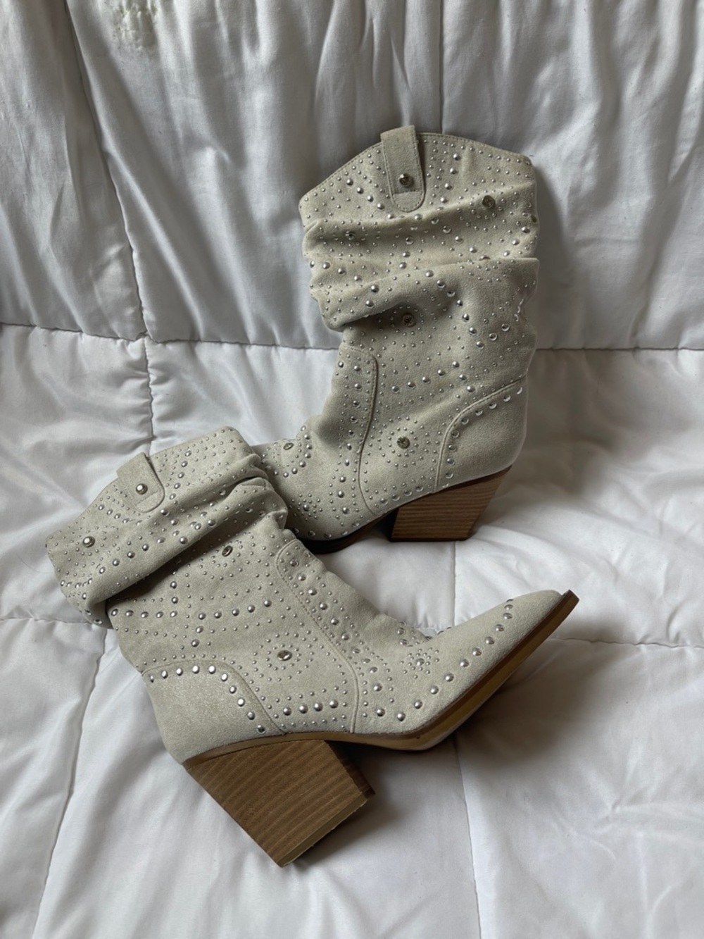 Very G Ivory Studded Slouch Western Booties